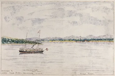 Malaya: a steam yacht in the entrance to the Lower Klang River, Selangor
