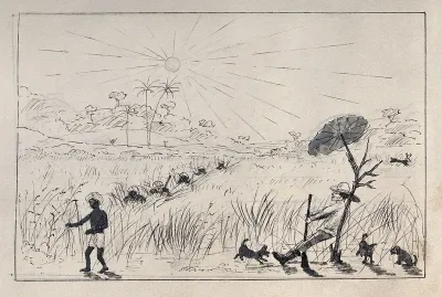 Malaya: a white hunter resting in the shade as native Malays wait nearby in long grass