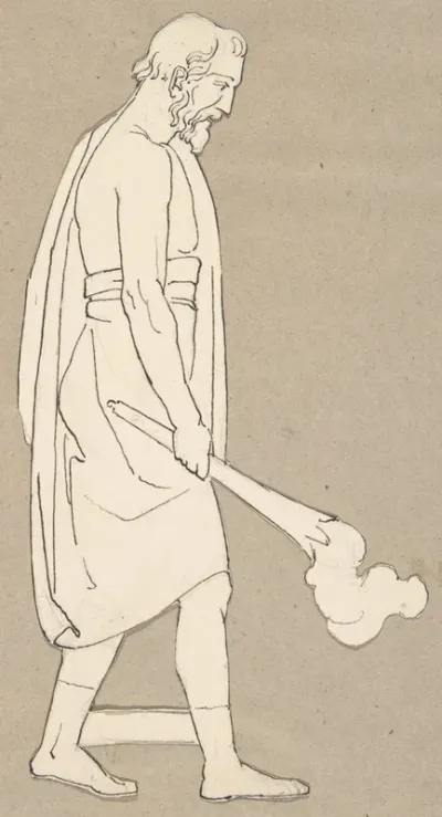Male classical figure holding a torch (design for large fireplace white tiles produced in Wedgwood's factory)