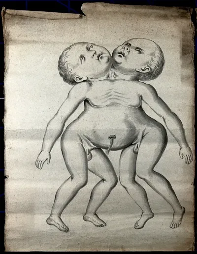 Male conjoint twins joint at the neck and chest; anterior view