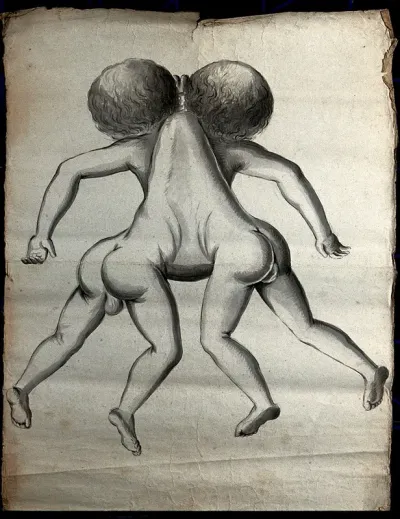 Male conjoint twins joint at the neck and chest; posterior view