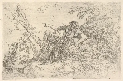 Male figure holding a flute reclining on a rock and pointing over the heads of two children, from "The Triton Group"