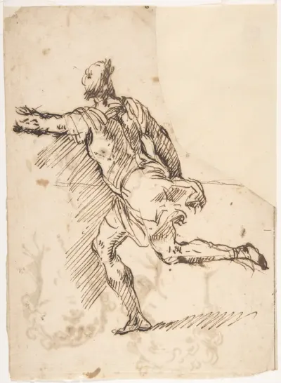 Male Figure Running (recto); Three Pen Studies of Male Heads (verso)