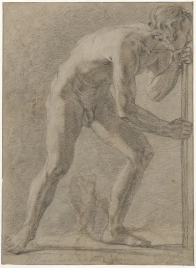 Male nude, bending forward, both hands leaning on a stick (verso: sketch of a human head)