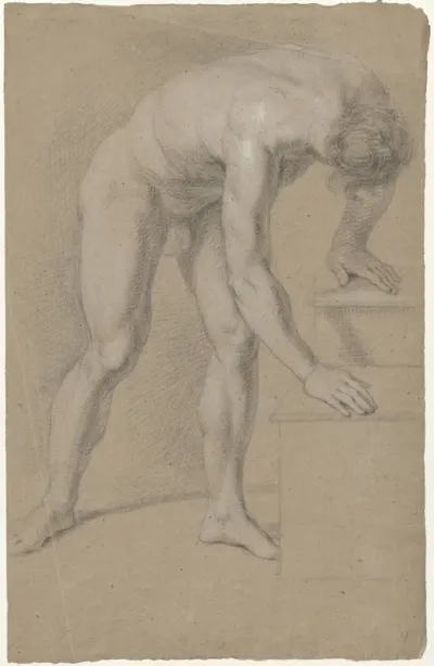 Male nude, bending forward, his hands resting on a platform (verso: multiple figure studies)