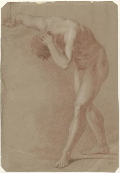 Male nude, bending forward, his left hand on his head