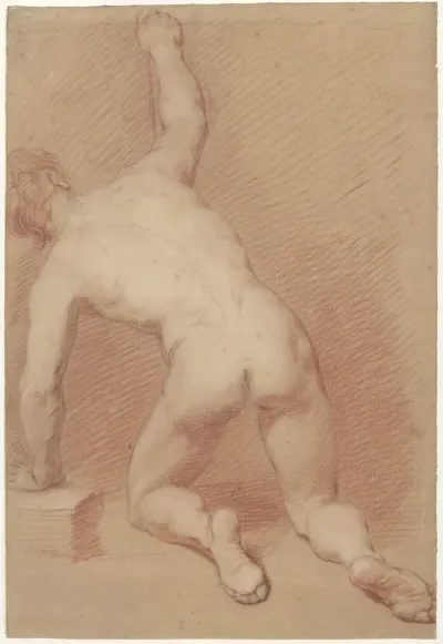 Male nude, bending forward, his right hand in the air