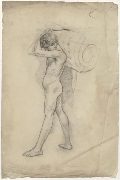 Male nude, holding a rolled up mattress over his shoulder