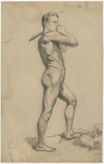 Male nude, holding a stick over his shoulder