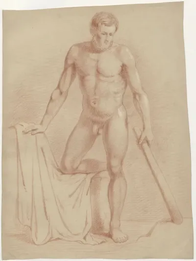 Male nude leaning on his left knee, a club in his right hand