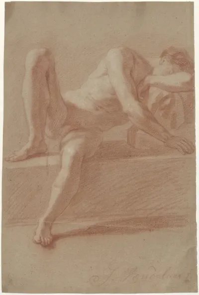Male nude, leaning to the left, his head resting in his arm
