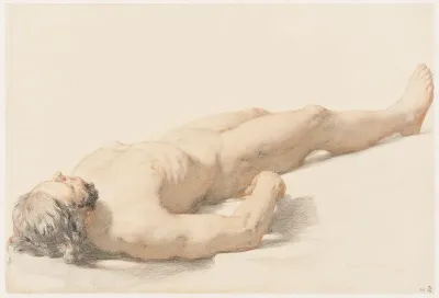 Male nude, on back, three-quarter view from head