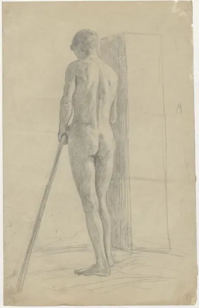 Male nude, seen from the back, holding a stick
