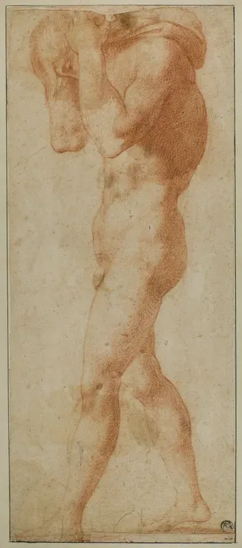 Male Nude Walking to Left, Carrying Burden on His Shoulders