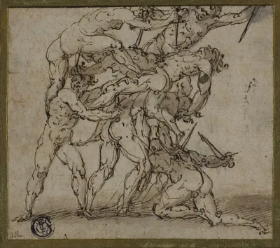Male Nudes Locked in Combat with Daggers