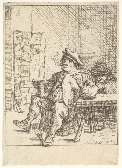 Male peasant smoking a pipe and holding a drinking cup, his left elbow resting on a table, another man seated at the table, a waitress walking through a doorway beyond