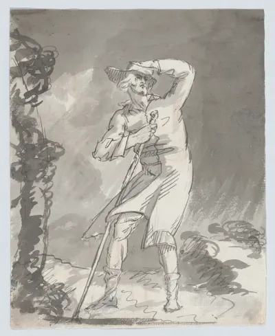 Male with a staff in a storm (recto). Anatomical studies of a foot (verso)
