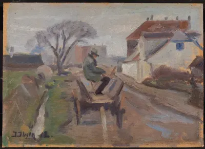 Maleren Ølund-Hansen maler siddende i en vogn