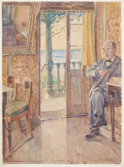 Maleren Tom Petersen, siddende i en veranda