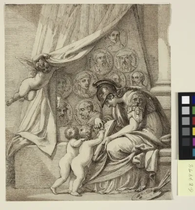 Maleriets genius, eller Minerva instruerer putti i malekunsten. Forlæg til Pierre Condés radering, Memorial to Robert Udney Esq.