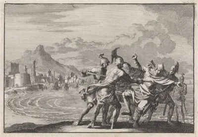 Malichus aan het strand door een viertal krijgslieden gedood