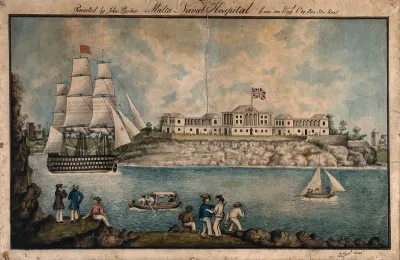 Malta: Royal Naval Hospital or Bighi Hospital, with sailors dancing on the shore