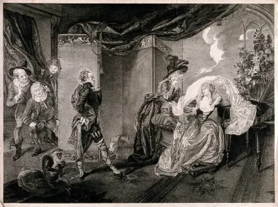 Malvolio speaks to Olivia in a room, to the amusement of Maria