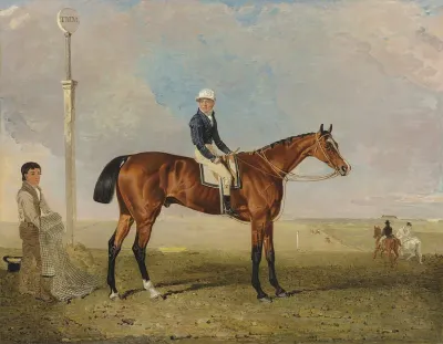 Mameluke, a bay racehorse, with Will Wheatley up, attended by a groom, Newmarket Heath beyond