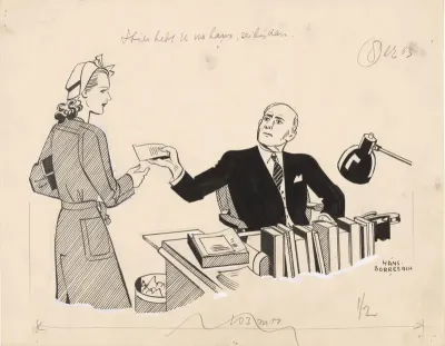 Man achter een bureau overhandigt Pepita een papier