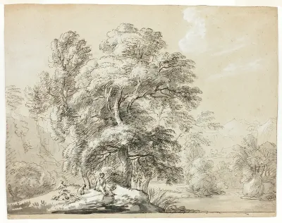 Man and Dog Seated Below Trees by River