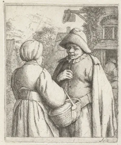 Man and Woman Conversing in Front of an Inn