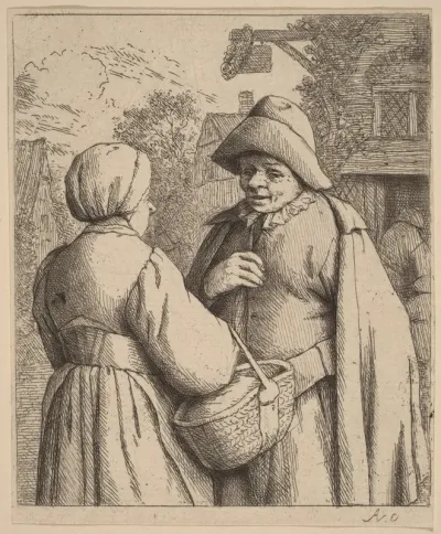 Man and Woman Conversing In Front of an Inn