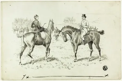 Man and Woman Riding Horses at Hunt
