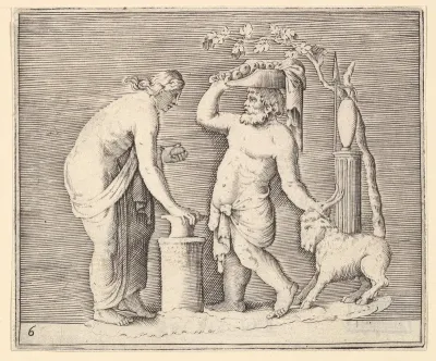 Man and Woman Sacrificing a Goat, from "Ex Antiquis Cameorum et Gemmae Delineata/ Liber Secundus/et ab Enea Vico Parmen Incis"