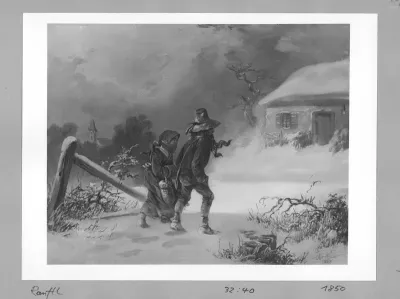 Man and woman wandering in snow - storm