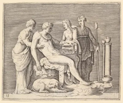 Man Attended by Three Women, from "Ex Antiquis Cameorum et Gemmae Delineata/ Liber Secundus/et ab Enea Vico Parmen Incis"