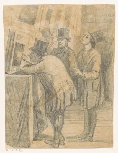 Man bekijkt een schilderij of prent met een vergrootglas