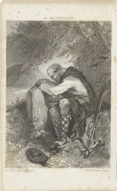 Man biddend in de buitenlucht