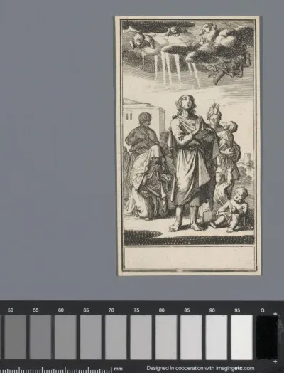 Man bidt tot hemel met daarin engeltjes op wolken, achter hem meebiddende vrouwen
