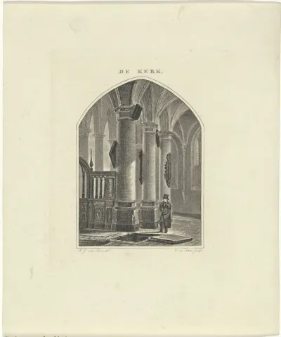 Man bij een open graf in een kerk
