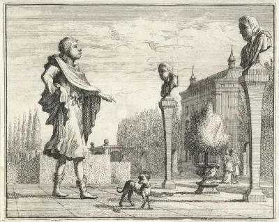 Man bij twee hermen in formele tuin