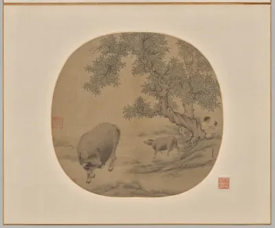 Man, Buffalo, and Calf