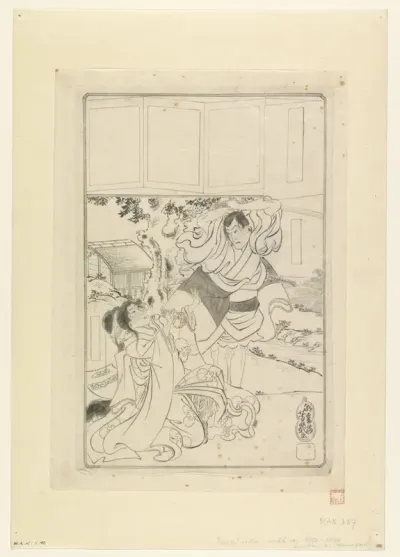 Man die op het punt staat een vrouw te onthoofden — Utagawa Yoshiiku Kanvas Tablo