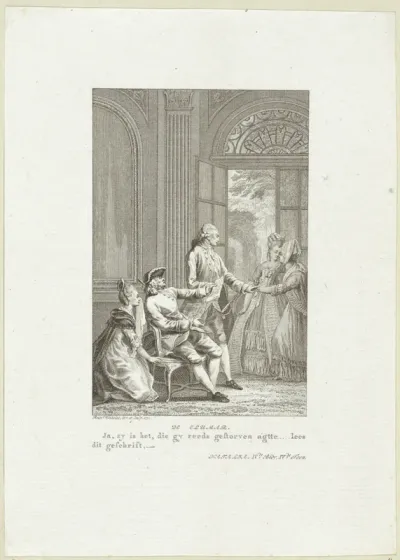 Man draagt een vrouw op om een brief voor te lezen in een klein gezelschap