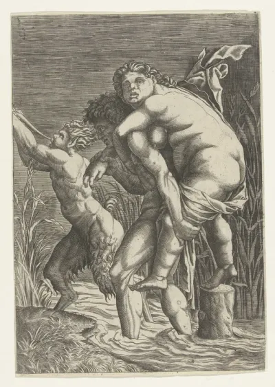 Man draagt vrouw op zijn rug en een satyr