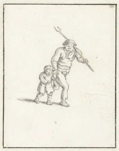 Man en een jongetje, naar rechts lopend