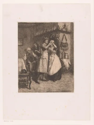 Man en een vrouw dansen onder leiding van muzikanten voor een haard