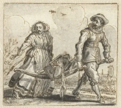 Man en een vrouw dragen huisraad op een berrie
