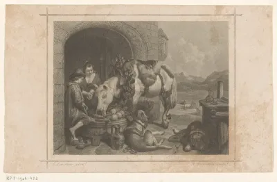 Man en een vrouw met een paard en twee honden bij een pleisterplaats