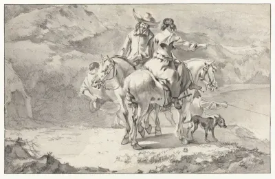 Man en een vrouw te paard bij een bergmeer